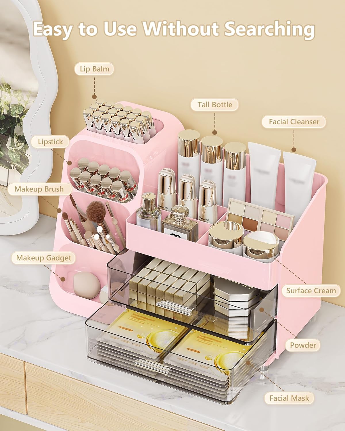 Makeup Organizer with Drawers, Skincare Organizer (Large Size Thick), Storage Box Cosmetic Display Cases, Make up Organizers for Vanity, Dresser, Desk, Kitchen, Countertop (Pink)