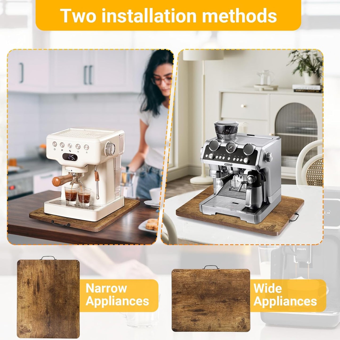 Sliding Tray for Coffee Maker, 360° Rotating Appliance Slider for Kitchen Appliances, Wooden Sliding Tray Suitable for Kitchen Countertops and Kitchen Appliances(Brown, Small)