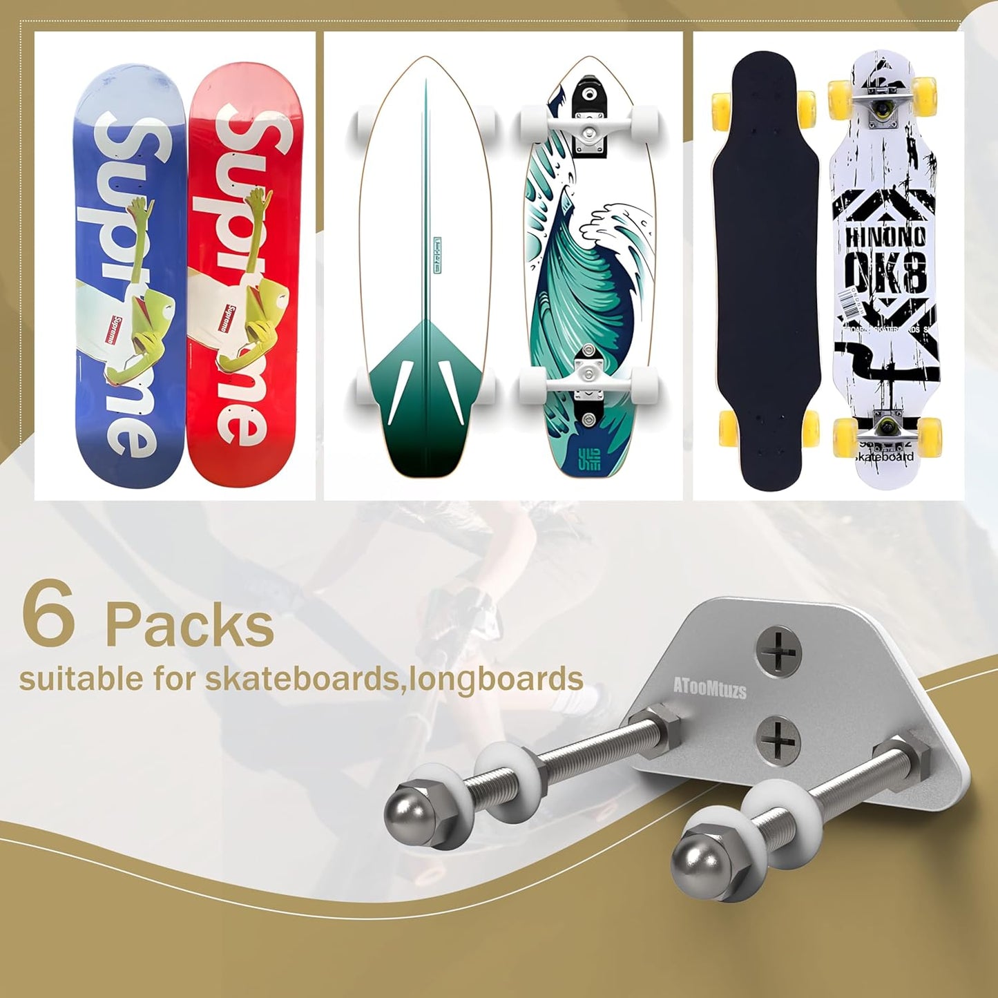 Skateboard Wall Mount Display(6 Packs)-Aluminum Ramp Shape Skateboard Deck Wall Mount with Two Screw Holes for Horizontal and Vertical Hanging Skateboard Display Decor