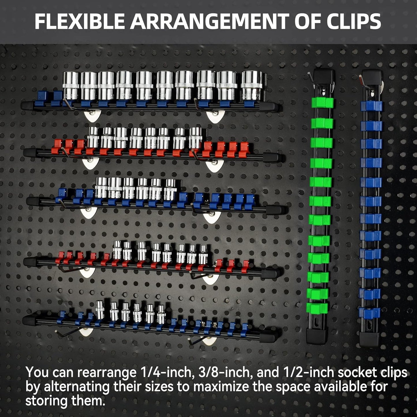 Socket Organizer Drive ABS Tools - Socket Holder, Premium Quality 18 Pieces Socket Holders Kit 1/4-Inch x 96 Clips, 3/8-Inch x 90 Clips, 1/2-Inch x 72 Clips（18PC,Mix-color)