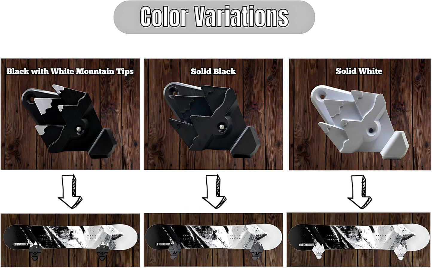 Snowboard Wall Mount with Hooks, Universal Design, Snowboard Rack, Space Saver, Wall Art (Black & White Mountains)