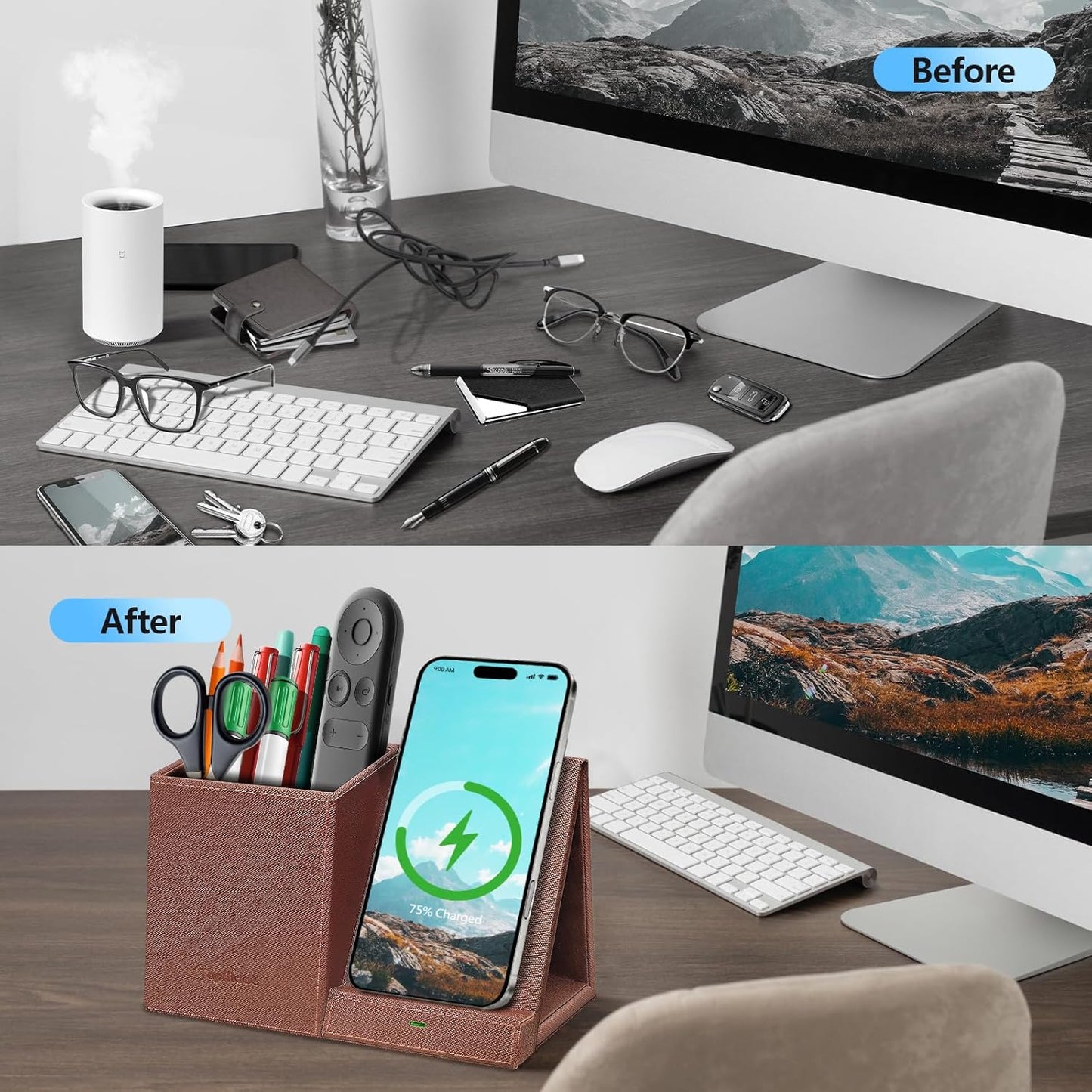 TopMade Wireless Charger with Pen Holder, Multi-functional Desktop Organizer and Storage, Home Office Supplies Desk Accessories, Pencil/Remote Holder with Fast Charging Phone Stand (Brown)