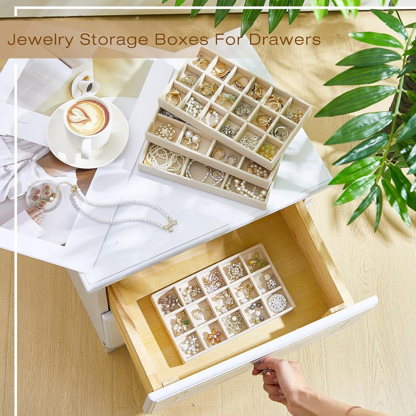 Junkin 12 Pcs Jewelry Tray Velvet Stackable Jewelry Organizer Trays Divided Earring Accessories Storage Containers Box (Rose Red)