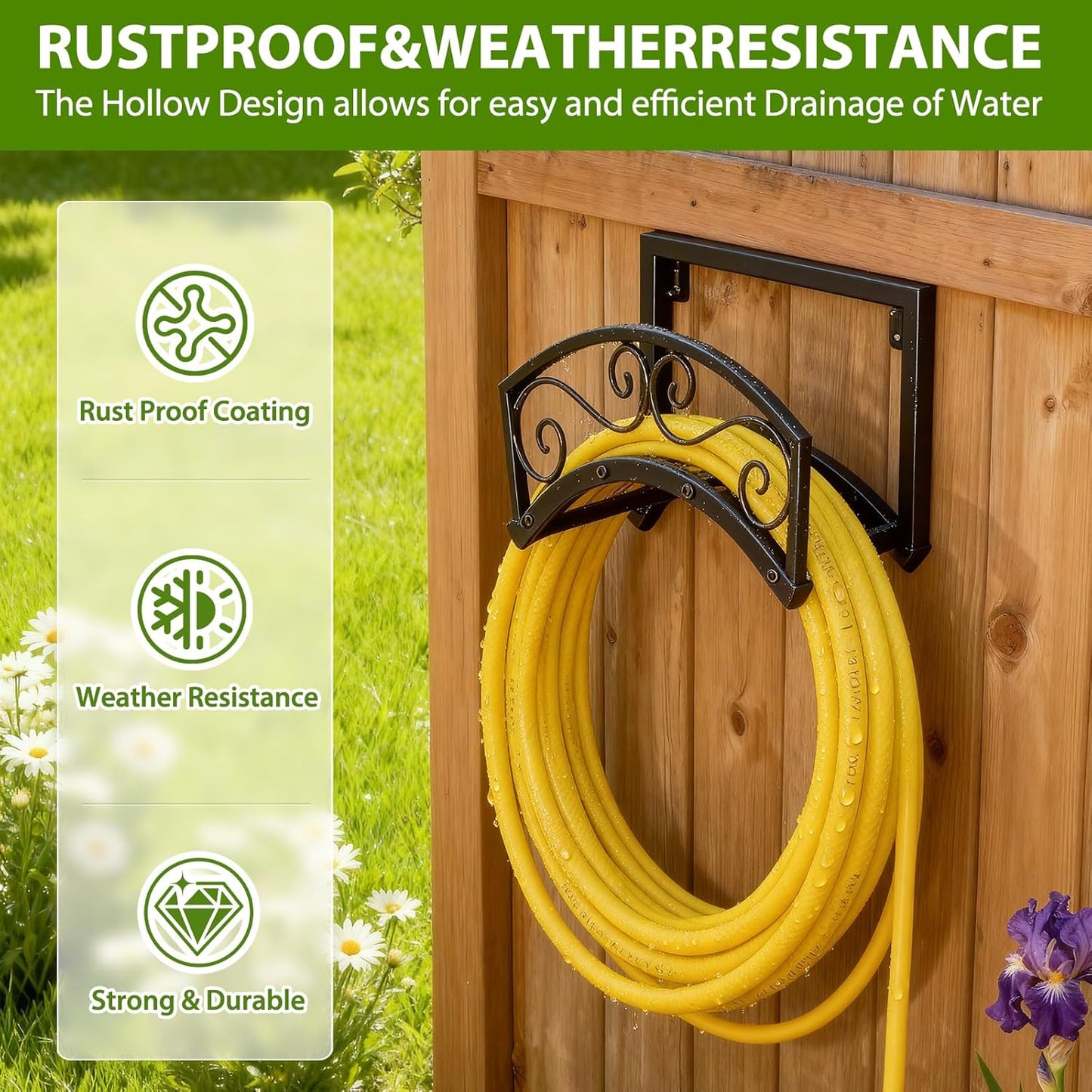 BOLITE Garden Hose Holder Wall Mount, Heavy Duty Metal Water Hose Holder for Outside, Hose Storage Holds 150FT Water Pipe for Yard, Lawn, Garden, Farm, Gifts for Women Men