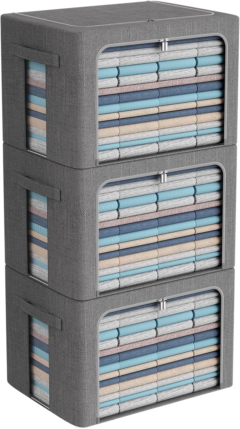 CYhom 3Pack Foldable Storage Bins - Frame Storage Box Linen Fabric Stackable Clothes Container Organizer with Clear Window & Carry Handles Large Capacity (Extra Large-100L, Dark Gray)