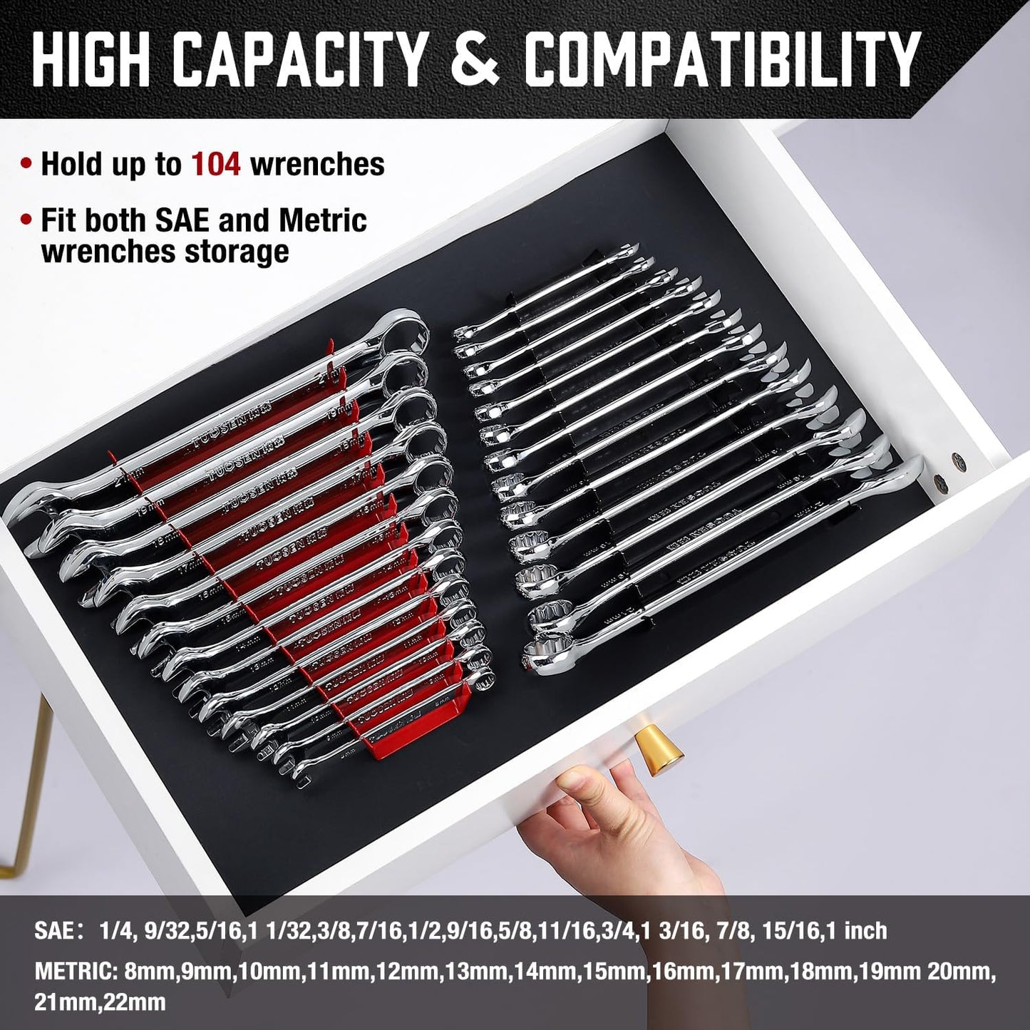 ALOANES 104-Slot Metal Wrench Organizer, Heavy Duty Wrench Organizer Tray for Tool Box, Professional Fit SAE & Metric Wrench Storage, 8 Pack Wrench Holders(Red&Black)