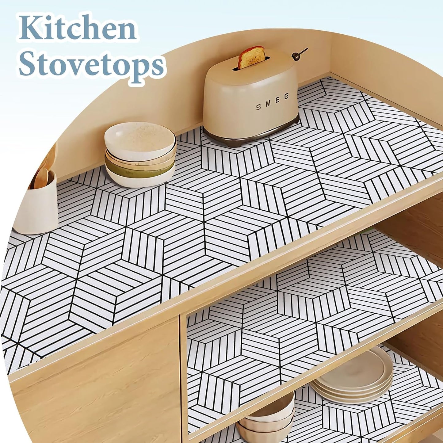Shelf Liners for Kitchen Cabinets 12in x 20FT, Non Adhesive Cabinet Liner Strong Non-Slip Thickened Black White Geometric Drawer Liner, Easy to Clean for Shelf, Cabinet with Knife and Tape Measure