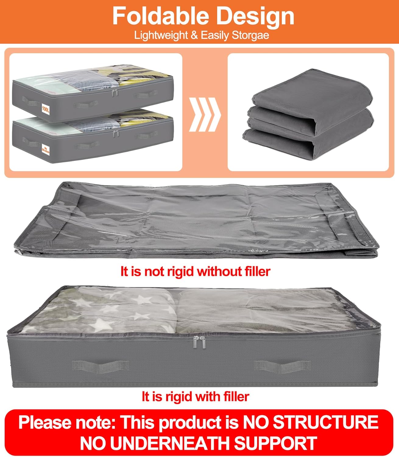 punemi Under Bed Storage Containers with Lid, 2 Pack Large Soft Foldable Storage Bags for Clothes, Coats, Sweaters, Blankets, Water-Resistant Inner Layer, 20x40x7.5 in, Perfect for Apartments and RV