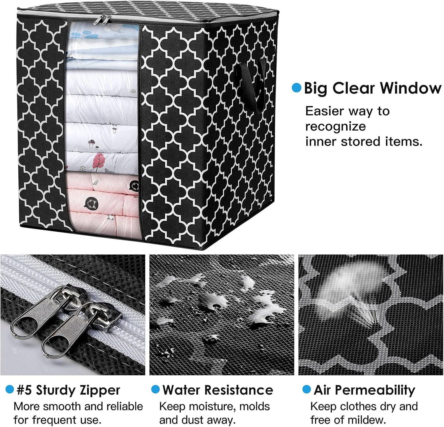 WISELIFE Storage Bags 4 Pack/100L Large Blanket Clothes Organization and Storage Containers for Comforters,Bedding, Foldable Organizer with Reinforced Handle, Clear Window, Sturdy Zippers,Black