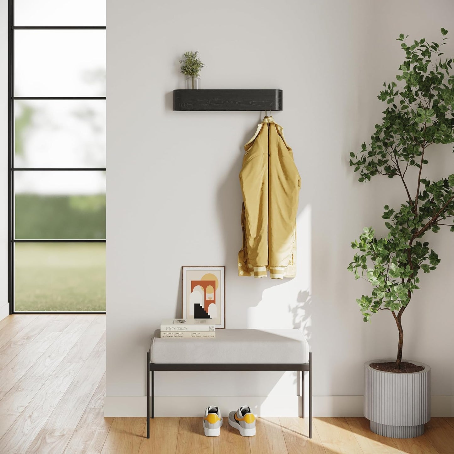 Kazai. Wall-Mounted Coat Rack 'Toke' - Modern Design Coat Rack with Hidden Wall Hooks - Solid Wood Veneer Panel Coat Hanger - Oak, Black