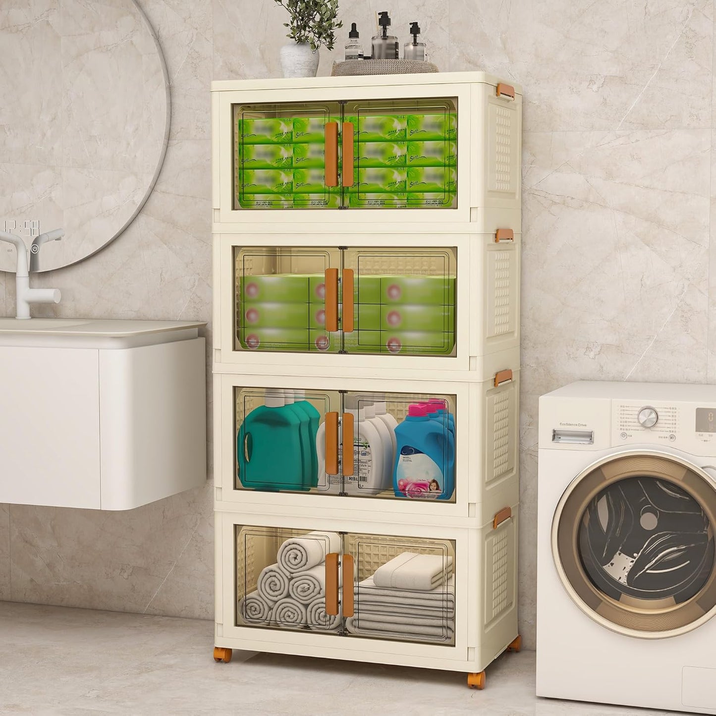 Plastic Stackable Storage Bins with 2 Lids and Wheels, Foldable Closet Organizers and Storage Containers, Collapsible Clear Drawer Storage Cabinet with Doors Ivory White 273.6 QT