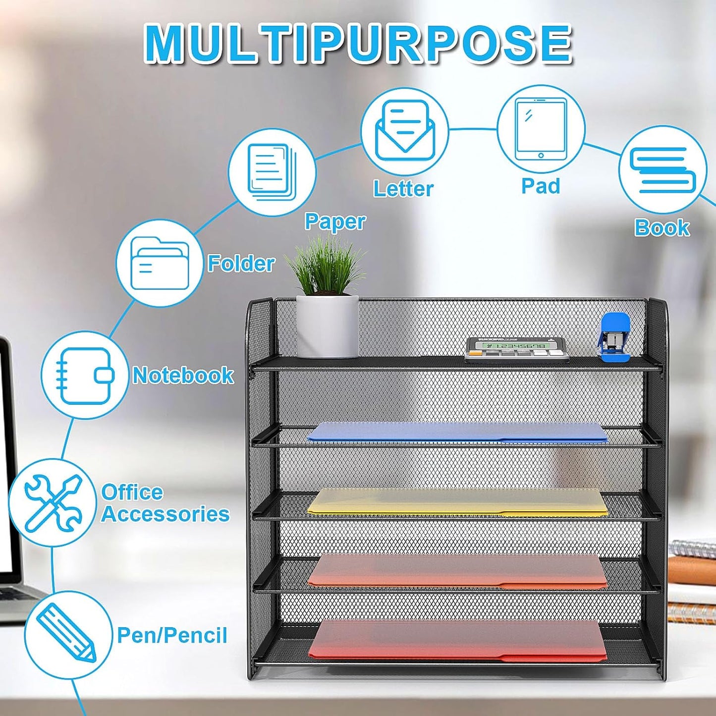 2 Pack Legal/A4/Letter Size Desk Paper Organizer Desktop File Organizer Document Sorter, 5 Tier Mesh Letter Tray File Folder Holder Office Accessories Organization