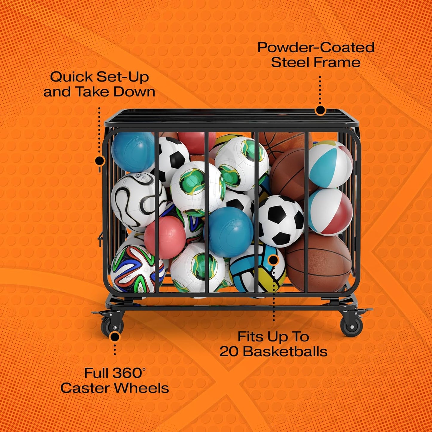 Houseables Ball Cart, Ball Storage, Basketball Cart, Basketball Storage Bin, Sports Equipment Organizer, Holder Cage with Wheels, Volleyball, Gym, Recess, Soccer, Playground, PE, Large Metal Basket