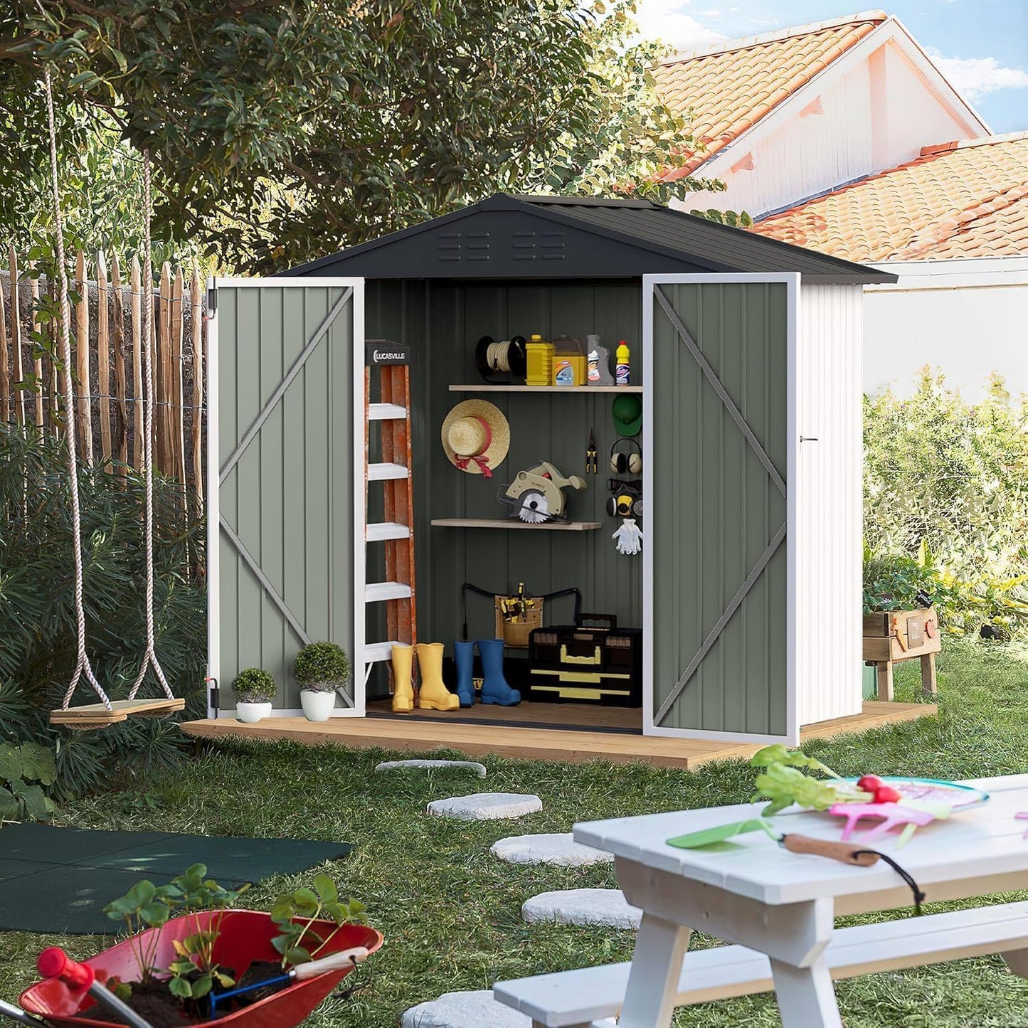 Furniwell 6x4 FT Outdoor Storage Shed, Metal Garden Sheds Outdoor Storage House with Single Lockable Door for Backyard Patio Lawn, White