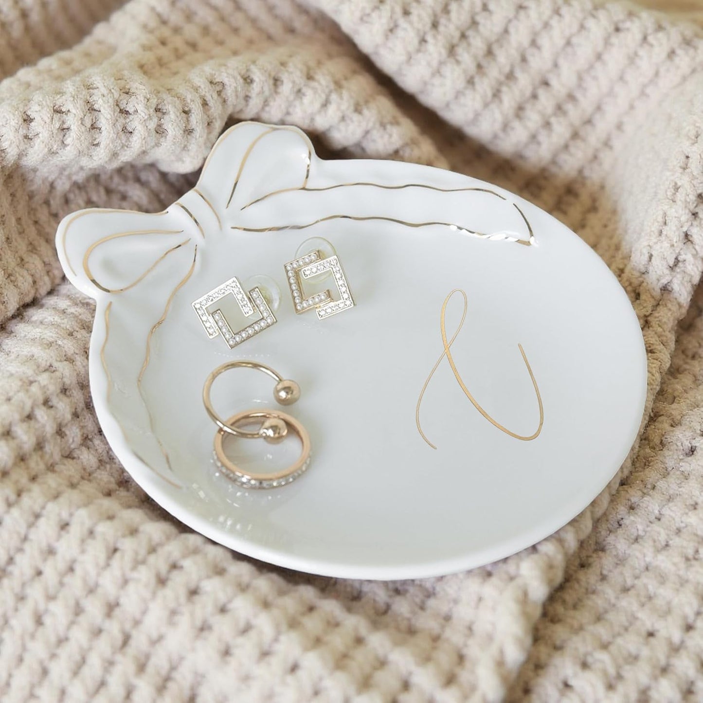 COLLECTIVE HOME - Personalized Initial Ceramic Jewelry Tray with Bow, Christmas Gift Ideas for Women, Small Gift for Girlfriend Wife, Ring Holder, Earrings Dish, Birthday Gift for Her (C)