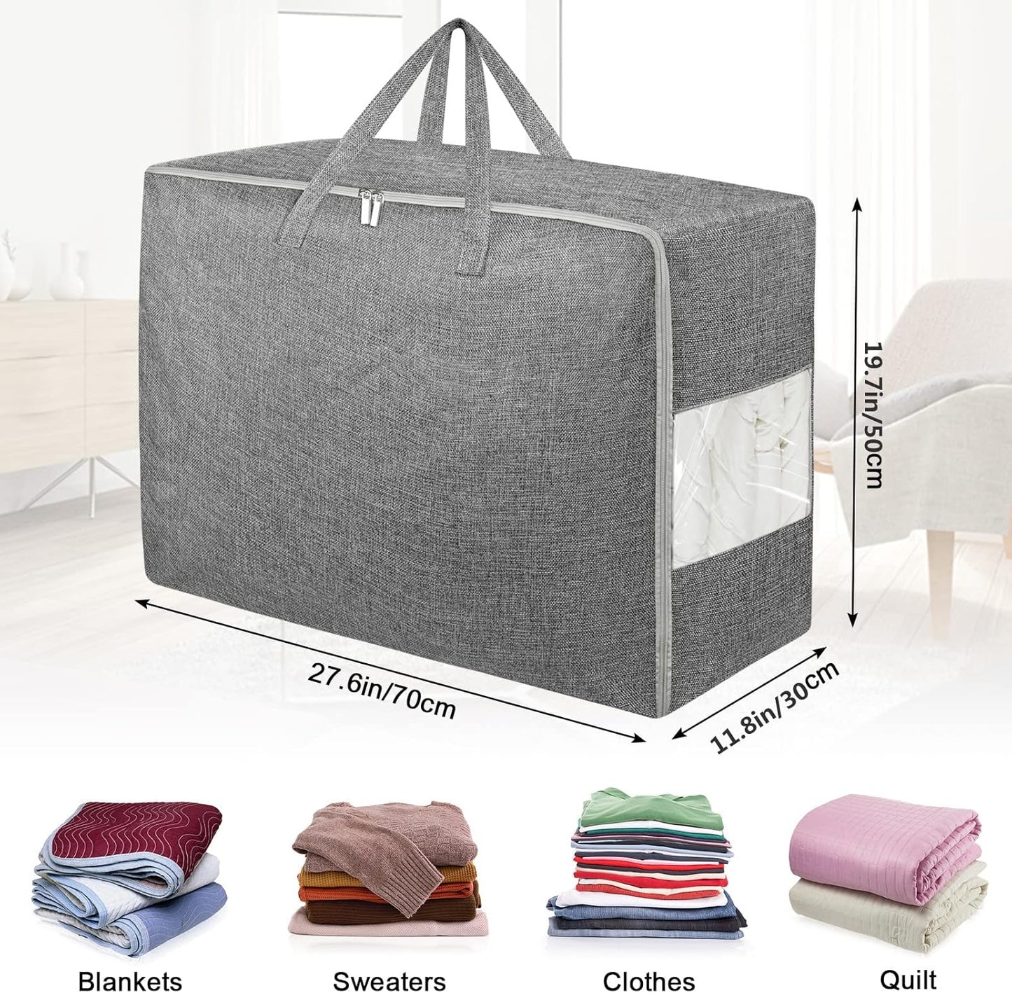 2Pack 105L Extra Large Storage Bags, Folding Moving Comforter Blanket Storage Bags Closet Organizers and Storage Containers for Clothes with Strong Handles&Zippers Clear Window for Bedding Pillow Grey
