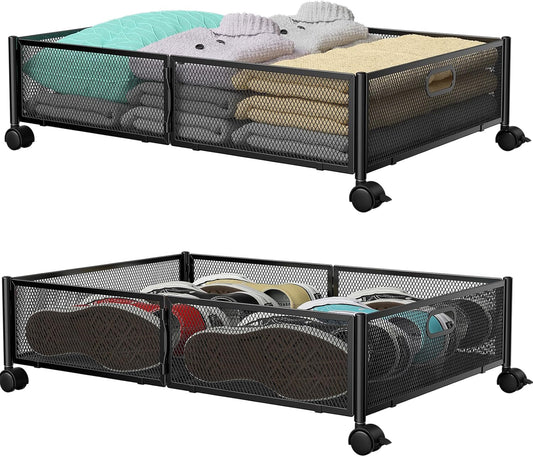 PHINOX Under Bed Storage with wheels, Under the Bed Storage Containers,Upgrade Crossed Iron Wire, Metal Rolling Underbed Storage Containers for Bedroom Clothes Shoes Blankets-2 Pack,Black