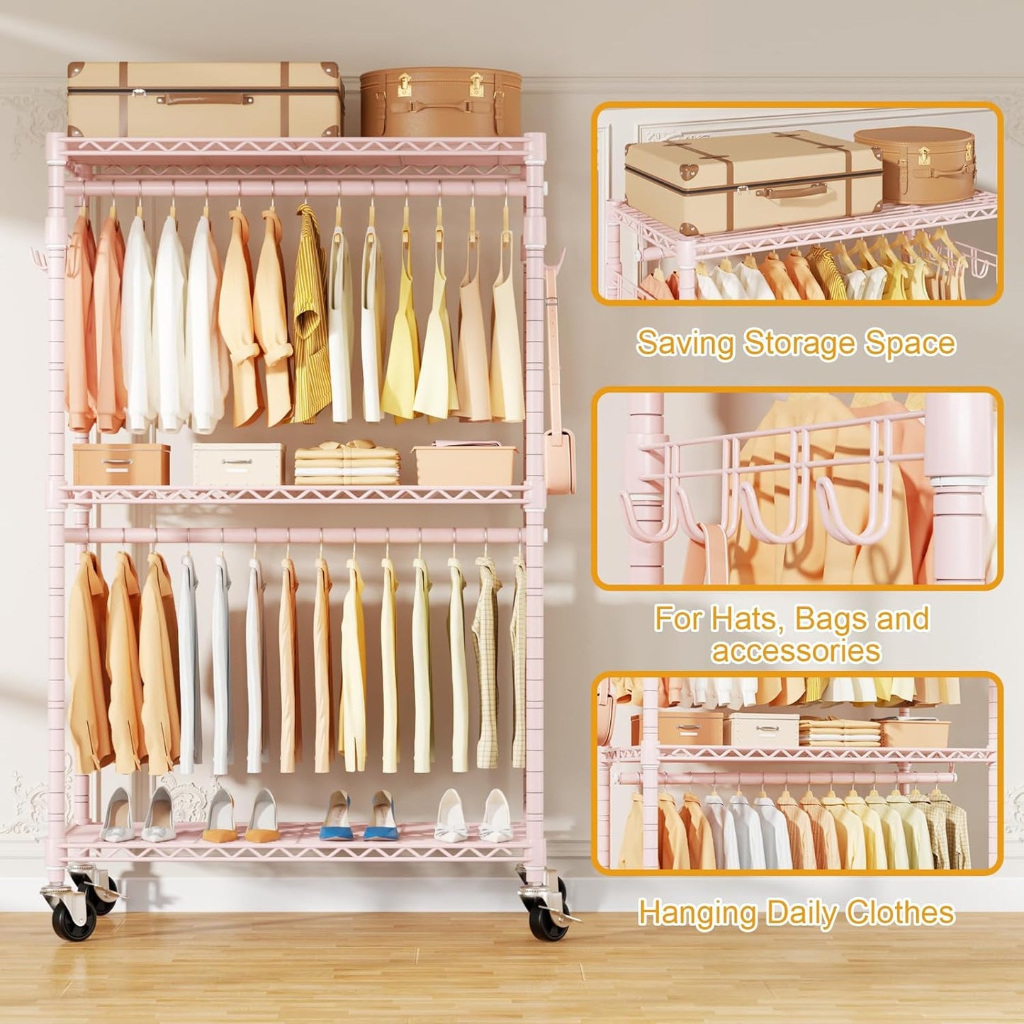 P1 Rolling Closets with Wheels and Shelves, Portable Closet Wardrobe for Clothes Hanging, Pink Clothing Storage and Organizer System for Bedroom, 35.5" W x 15.7" D x 80.5" H, Hold 500lbs