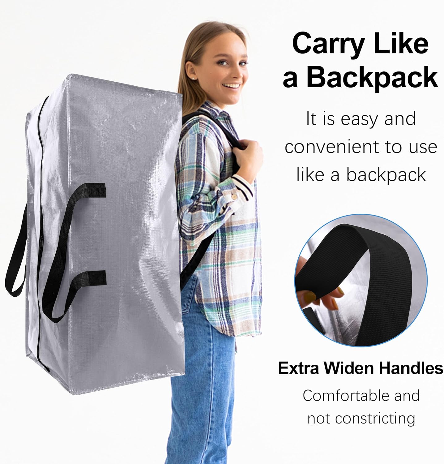 6 Pack Heavy Duty Extra Large Moving Bags W/Backpack Straps - Strong Handles & Zippers, Storage Totes For Space Saving, Fold Flat, Alternative to Box and Bin (40 gal, Silver)