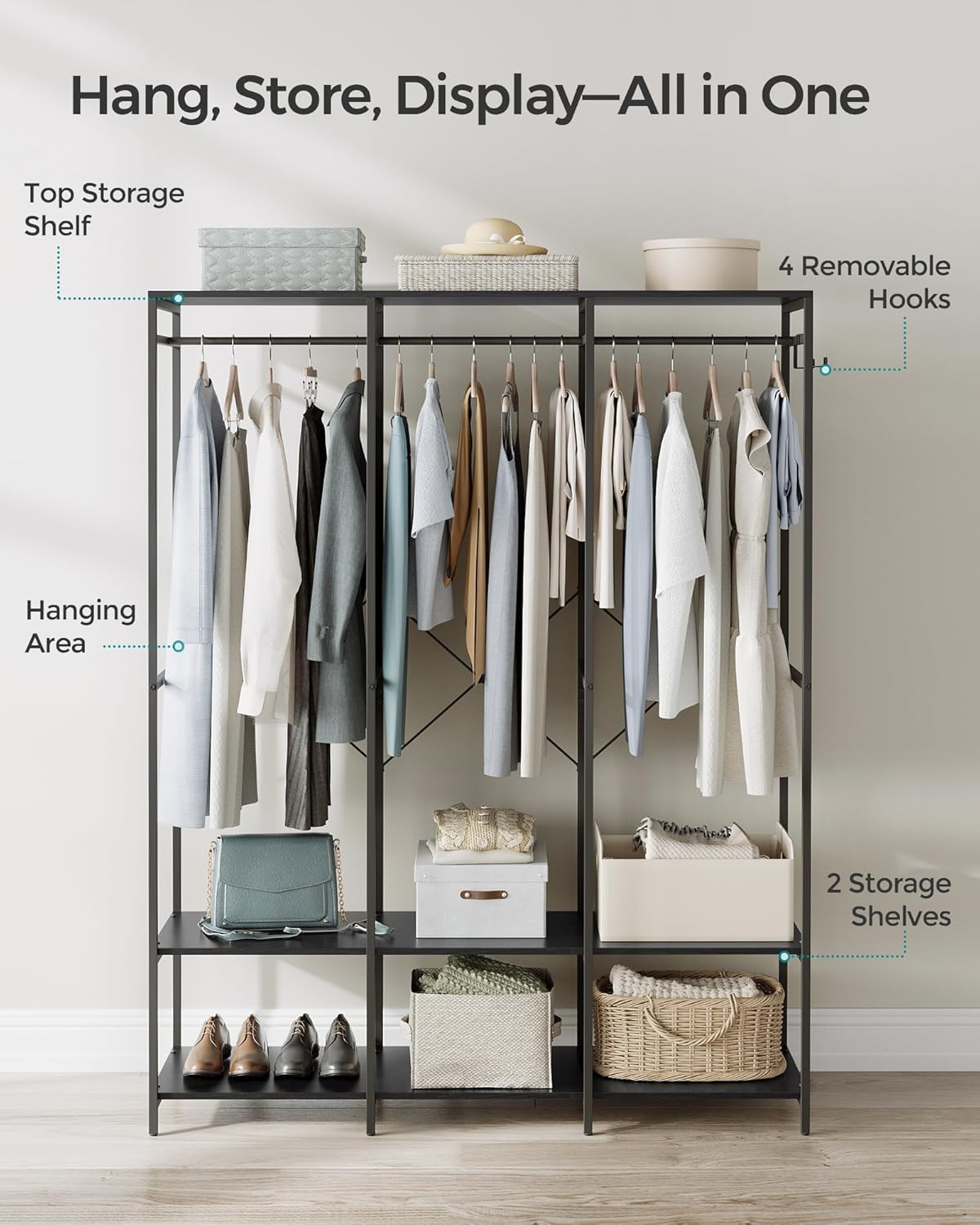 SONGMICS Clothes Rack, Iron and Wood Wardrobe Closet Organizer, Heavy Duty Garment Rack with Hanging Rods, Closet Shelves, Removable Hooks, 15.7 x 55.5 x 70.9 Inches, Ebony Black URGR005B56