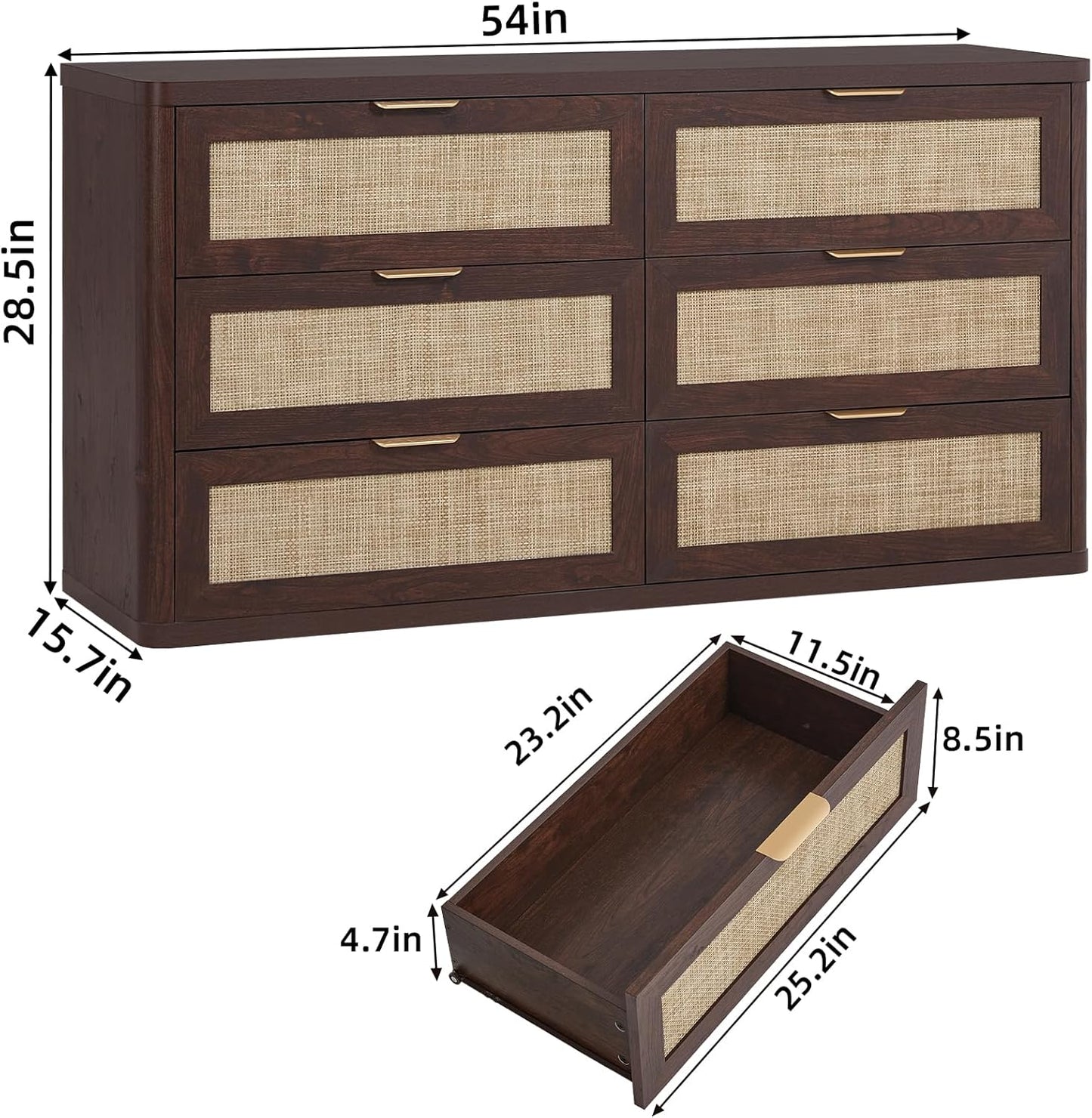 LEYAOYAO Rattan 6 Drawer Dresser for Bedroom, 54" Wide Boho Chest of Drawers, Wooden Dressers TV Stand with Metal Handle, Storage Closet Organizer for Living Room, Hallway, Walnut