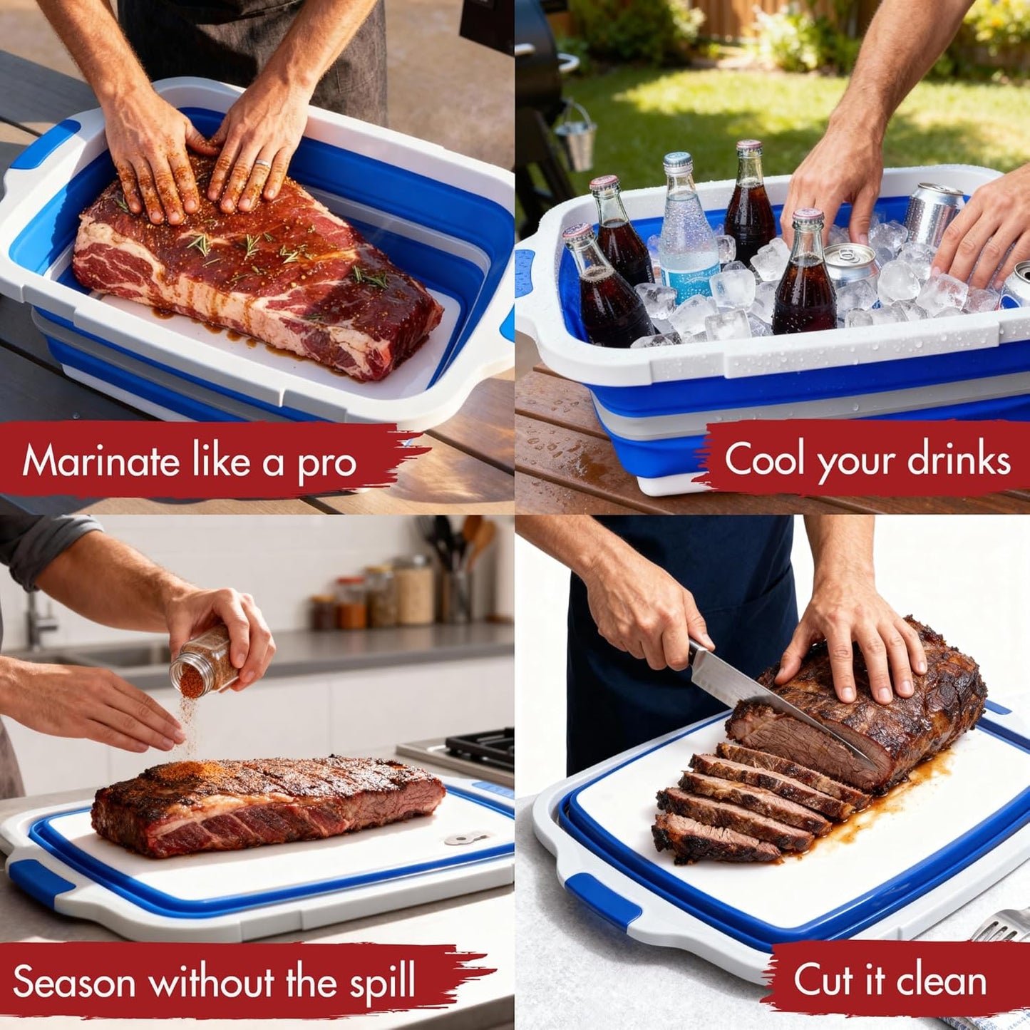 KITCHEN PERFECTION Collapsible XL Smoker & BBQ Prep Tub with Locking Lid & Cutting Board - Grill Caddy Container for Meat Marinating & Brine Perfect For Brisket, Turkey & Ribs - Best Gift For Men