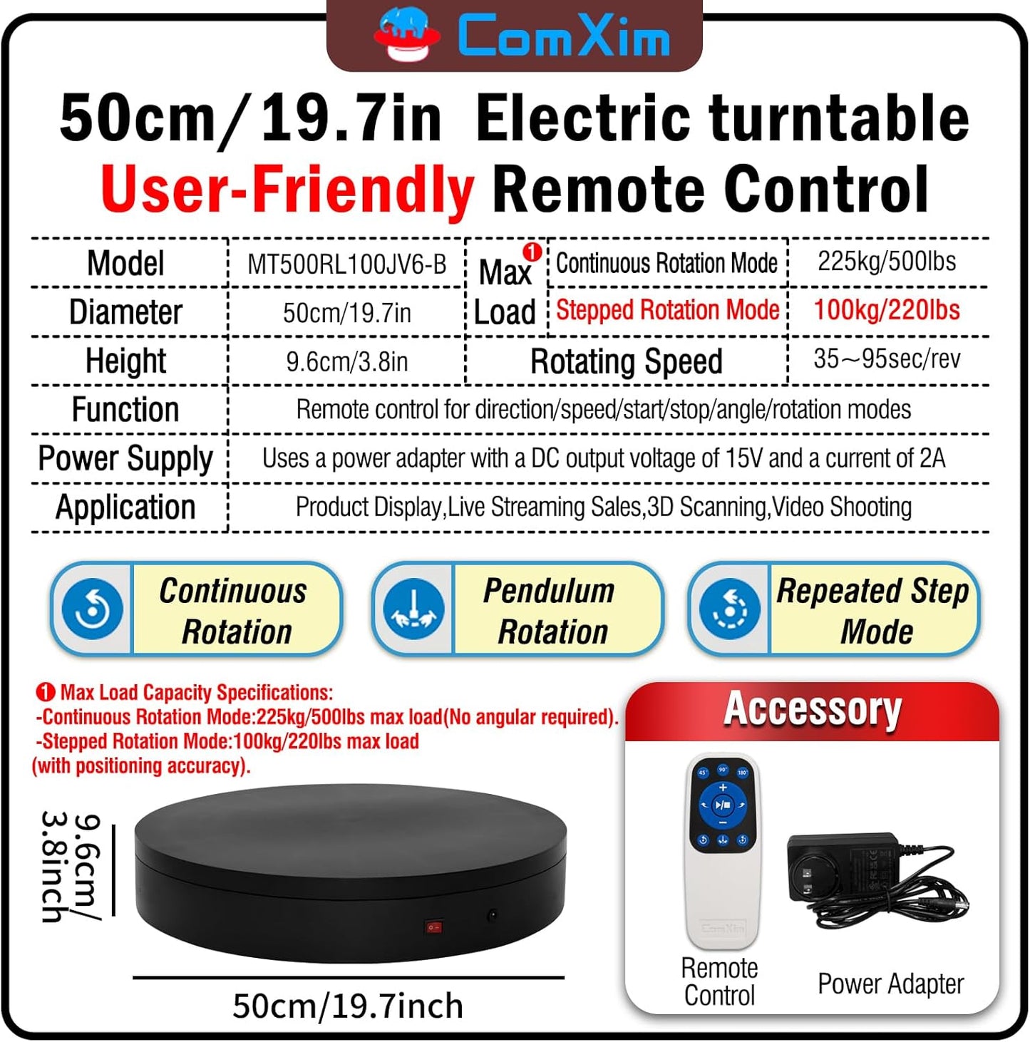 19.7In Remote Large Motorized electric turntable Rotating platform Photography Turntable Motorized lazy susan Base giratoria para for Photography,3D Scanner,Heavy duty display(Load Range:220~500lbs)