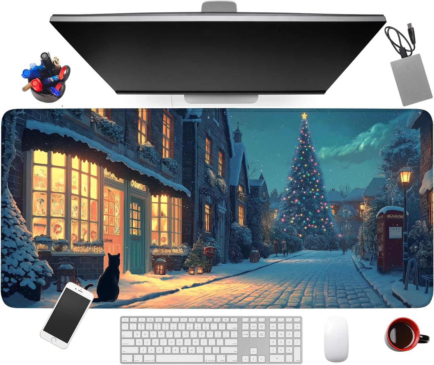 Large Extended Gaming Mouse Pad - Winter Christmas Night Scene, Soft Fabric Desk Mat with Non-Slip Rubber Base, Extra Long Mousepad for Gaming, Office, Keyboard & Mouse, 35.43 x 15.75 in