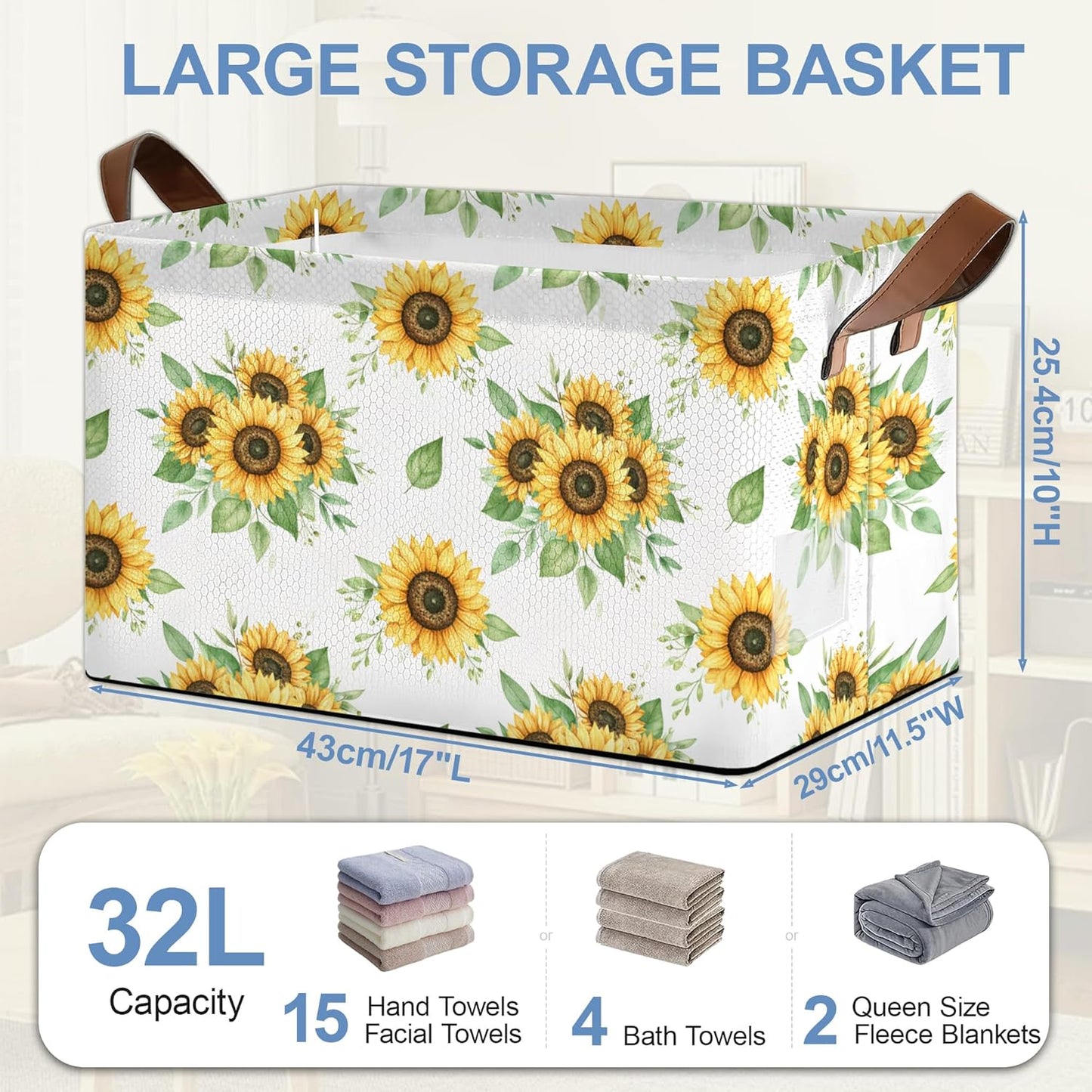 Sunflower Storage Basket with Handles,Leaf Collapsible Rectangle Organizer Bin for Room Decoration Books Box Baskets 17x11.5x10Inch
