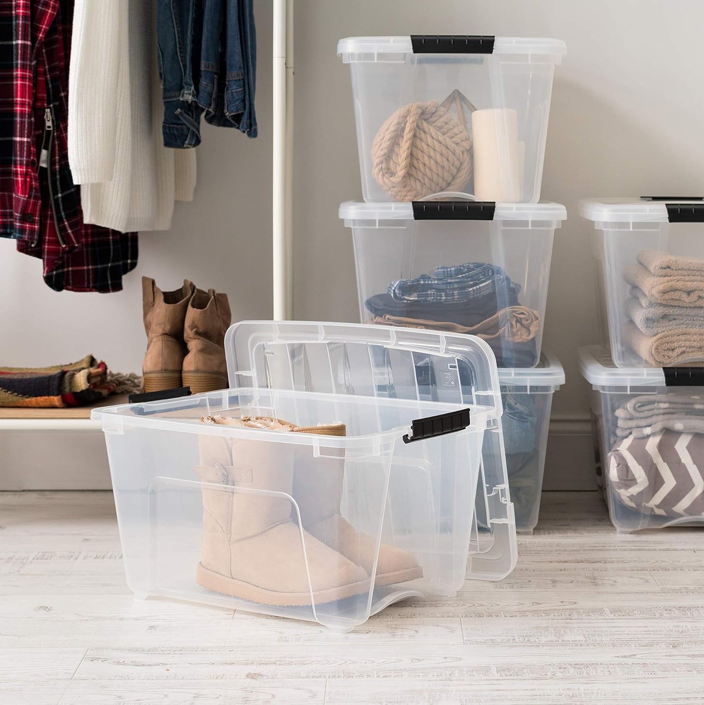 IRIS USA 32 QT Plastic Storage Box with Lid and Latches - 6 Pack - BPA-Free, See-Through Organizing Solution, Durable Nestable Stackable Containers, Secure Pull Handle - Clear