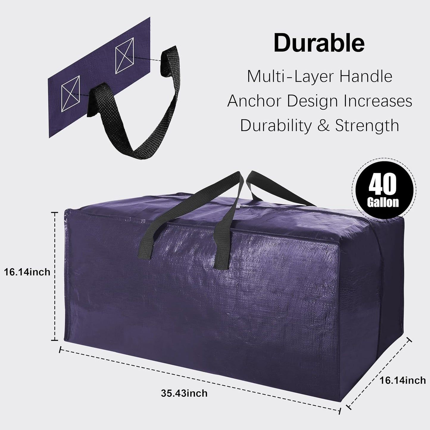 6 Pack Heavy Duty Extra Large Moving Bags W/Backpack Straps - Strong Handles & Zippers, Storage Totes For Space Saving, Fold Flat, Alternative to Box and Bin (40 gal, Semi-Transparent+Blue+Black)