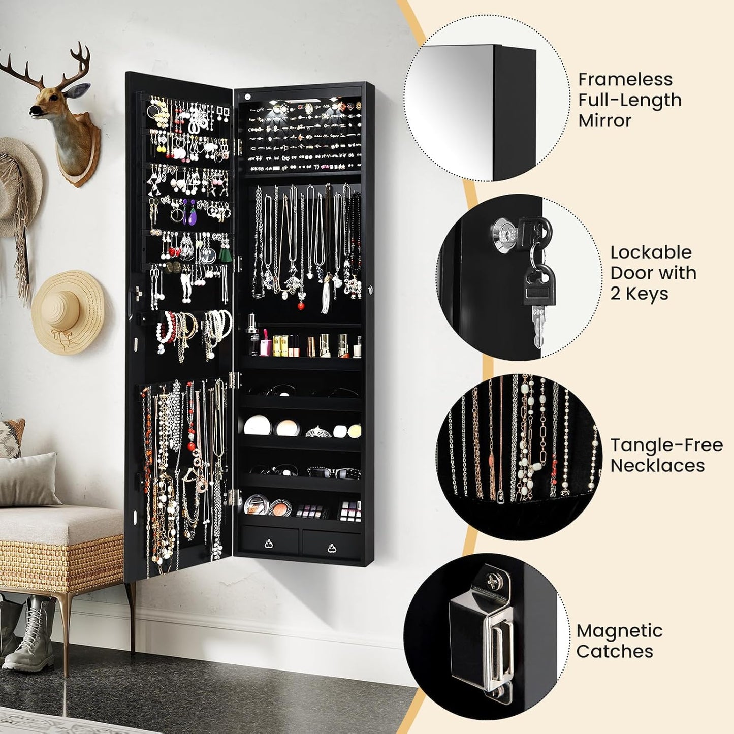 Giantex Wall Door Mounted Jewelry Armoire Cabinet with 47.5" H Full Length Mirror, 2 LEDs Lockable Jewelry Organizer Box with Bracelet Rod, 2 Drawers, Large Storage Capacity (Black)