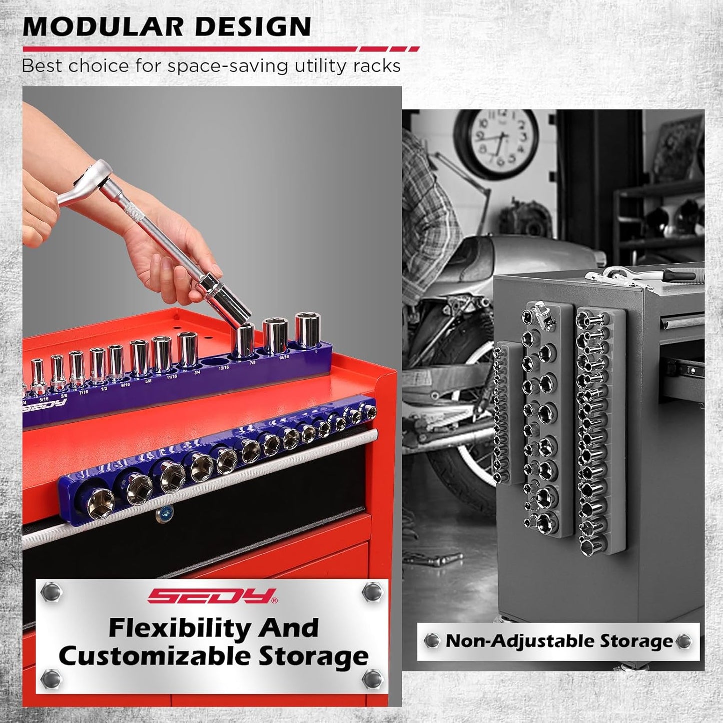 2-Piece 3/8"-Drive SAE Magnetic Socket Organizer Set (Holds 26 Sockets) - Detachable Tool Tray with 5mm Magnetic Base, Screw-Fixed Design & Heavy-Duty Modular Storage for Garage/Home Workshop