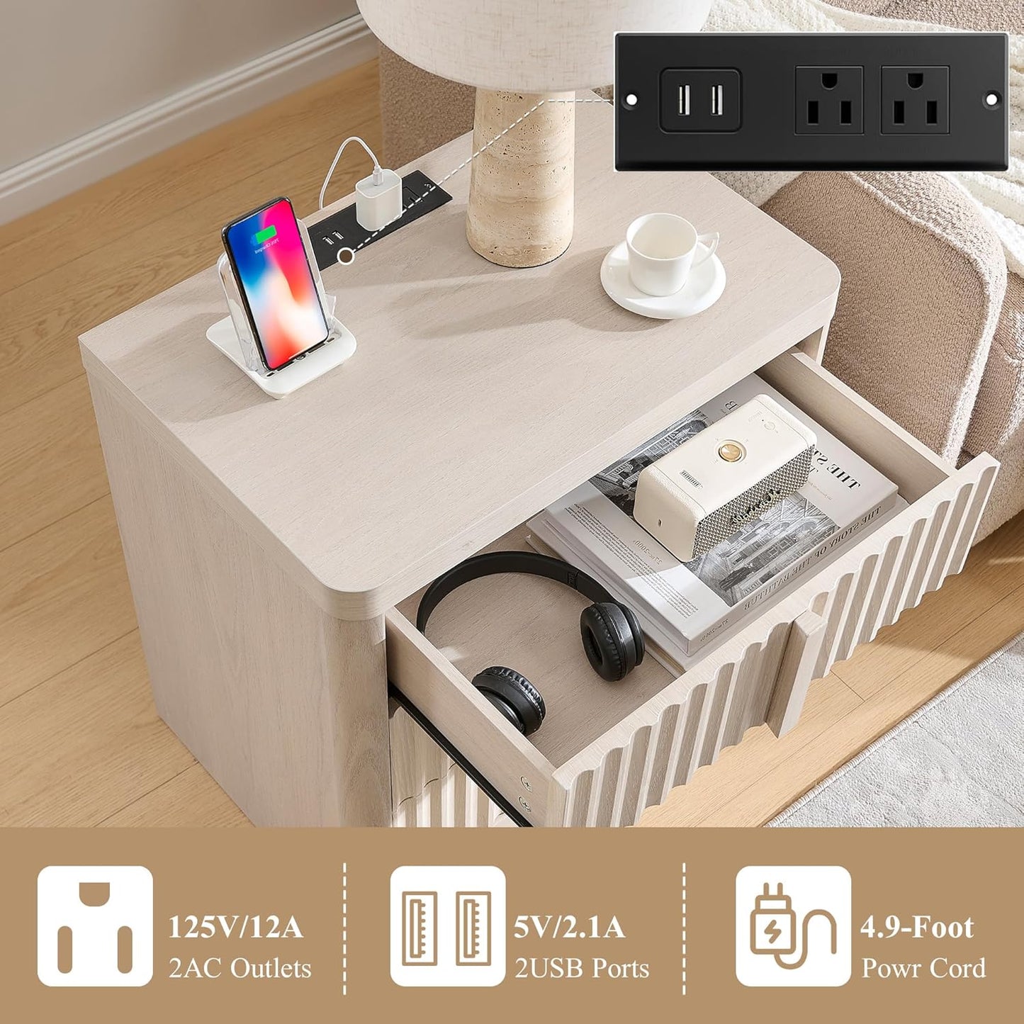 23.6" Nightstand Set of 2 with Charging Station, Side Table with 3 Large Storage Drawers, Mid Century Modern Night Stand with Solid Wood Handle, Bedside End Table for Bedroom, Living Room