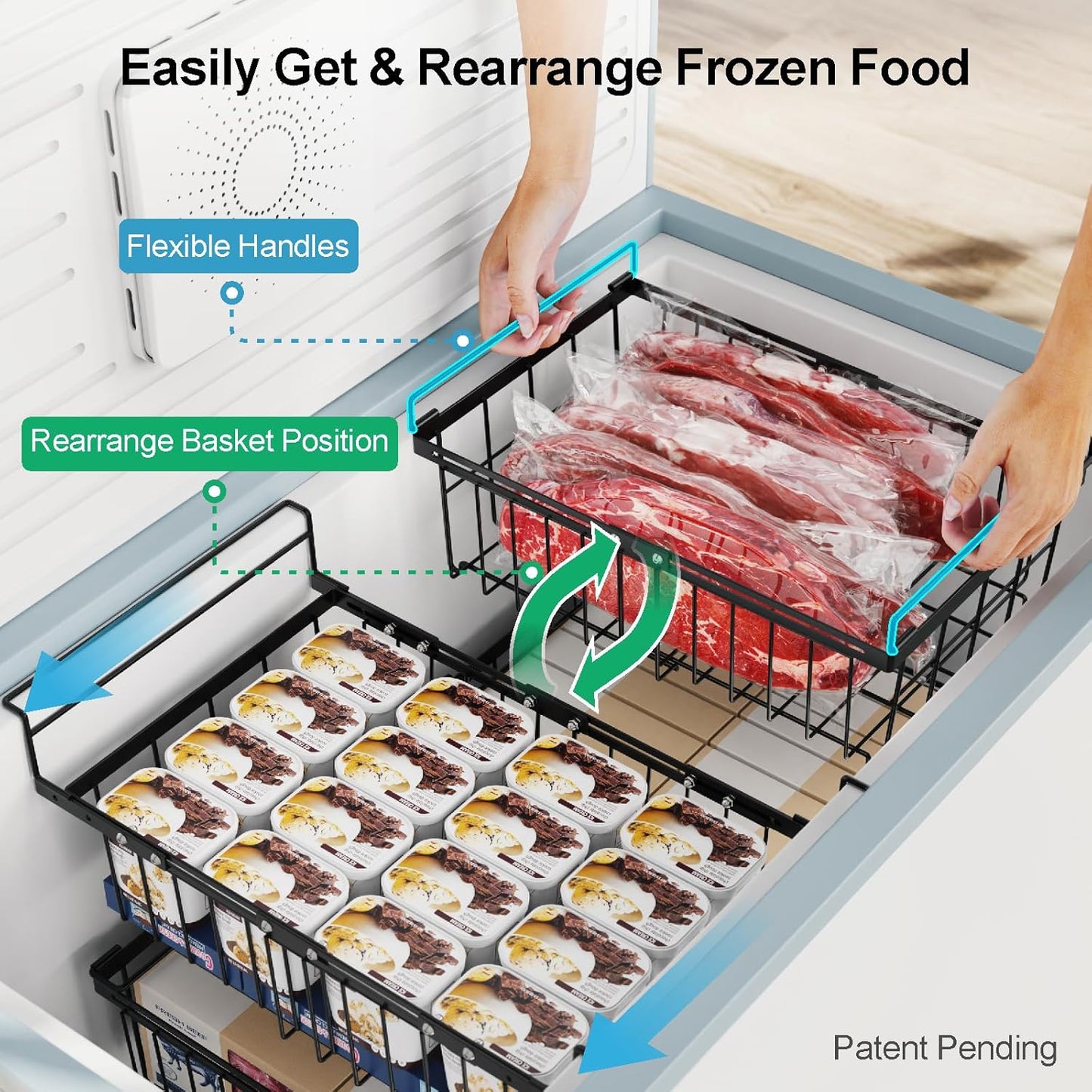 iSPECLE Deep Freezer Organizer Bins - 3 Pack Large Freezer organizer Bins, Hanging Basket Expands to 22.6" (L), Stackable Bins Expand to 17.1"(L), Fit 10 to 20 Cu.FT, 1 Hanging & 2 Stacking, Black