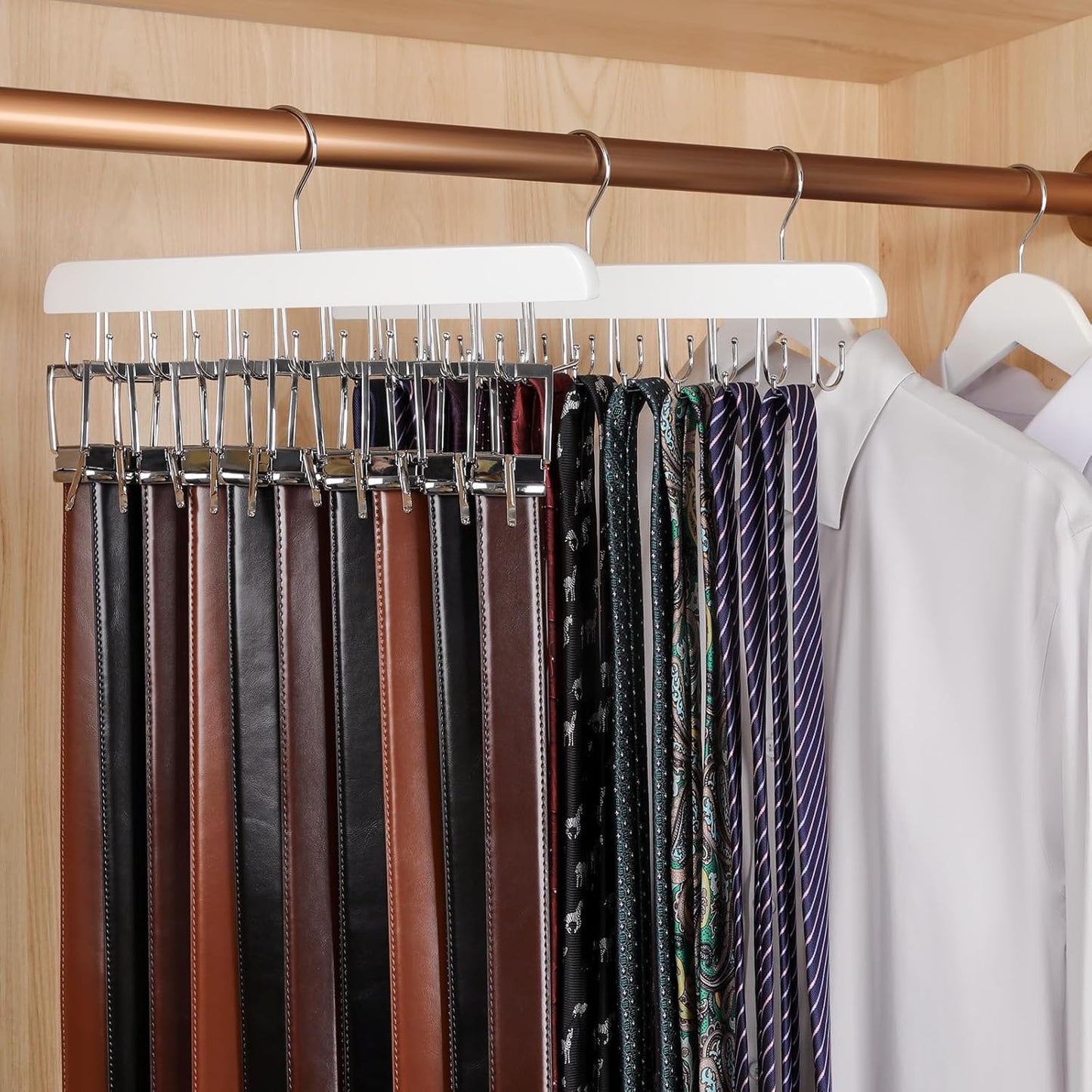 TOPIA HANGER 2 Pack 2 in 1 Belt Tie Hanger for Closet Max 60 Belts with 60 Ties Capacity, 40 Hooks Belt Tie Racks Wooden Hanger for Closet Organizer Storage “U” Fit Belt and “一” Fit Tie - CT52W