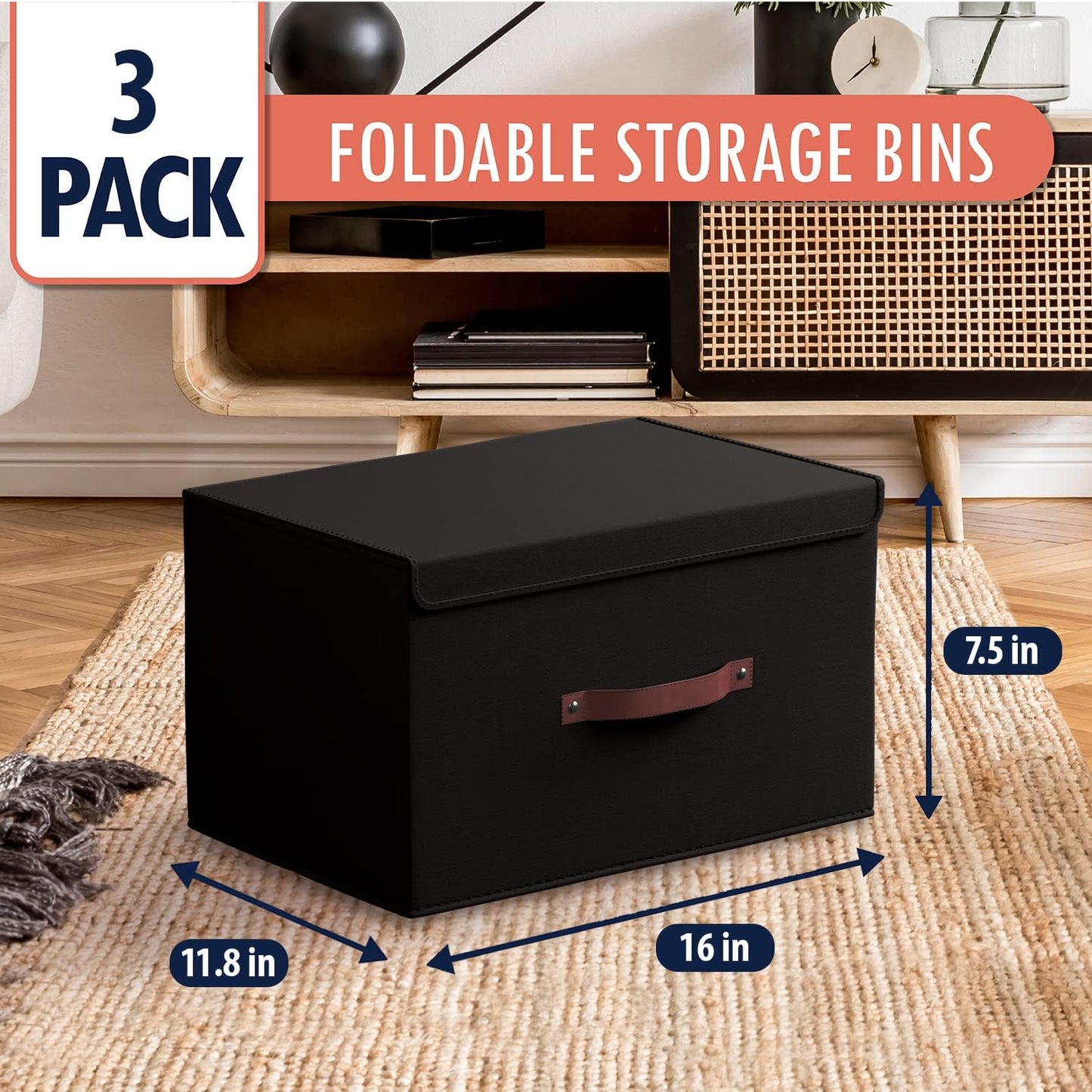 Ornavo Home 3 Pack Collapsible Storage Bins with Lid, Foldable Linen Fabric Shelf Storage Basket Closet Organizer and Large Storage Box for Clothes with Leather Handles, 16.5 x 11.8 x 7.5, Black