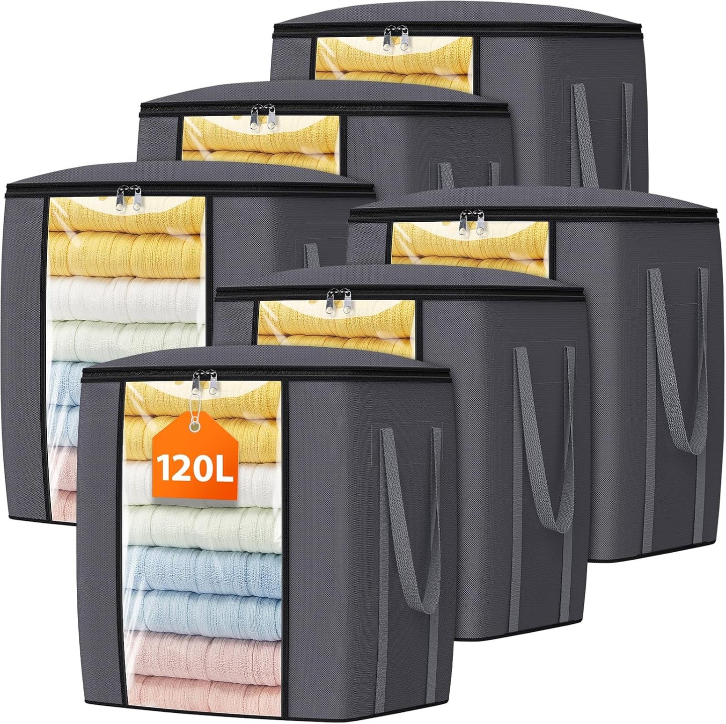 120L Extra Large Clothes Storage Bags, Foldable Blanket Storage and Organization, Thick Fabric Containers with Reinforced Handles & Zippers for Clothing, Comforters, Bedding, Gray, 6 Pack