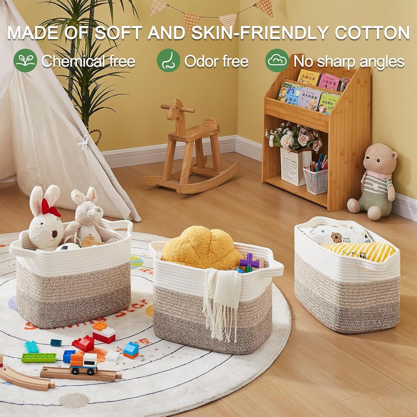 Storage Baskets for Organizing, Woven Baskets for Shelves, Rectangle Decorative Organizer for Storage Clothes, Toy, Books, Towels Nursery Bins 3 Pack (Gradient Yellow, 13"x9.85"x8.7")