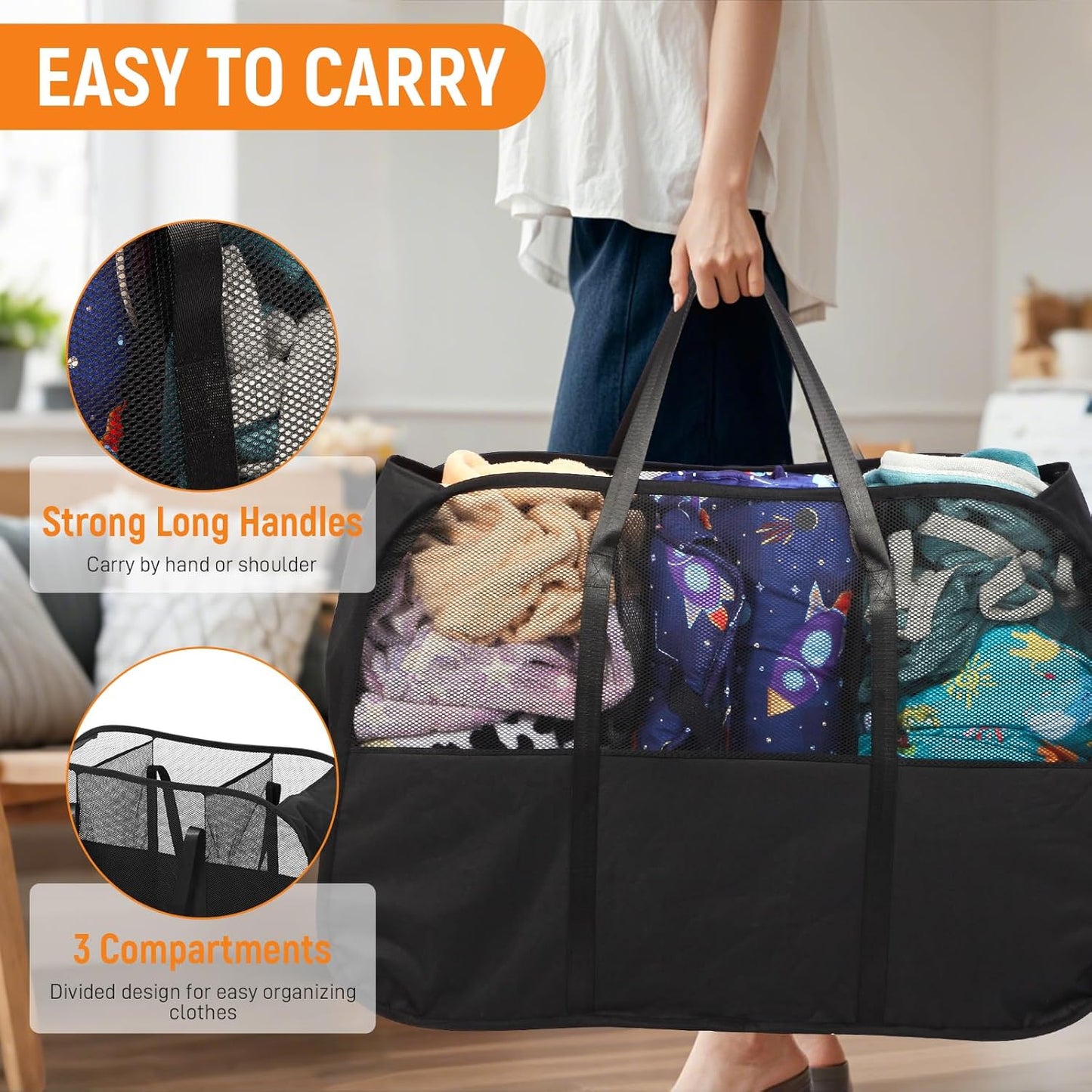 Collapsible Laundry Baskets with 3 Compartment, 150L Tear-proof Pop Up Hamper, Foldable Laundry Basket with Tote Handles, Dirty Clothes Hamper for Laundry, Bedroom, Bathroom, Dorm Black