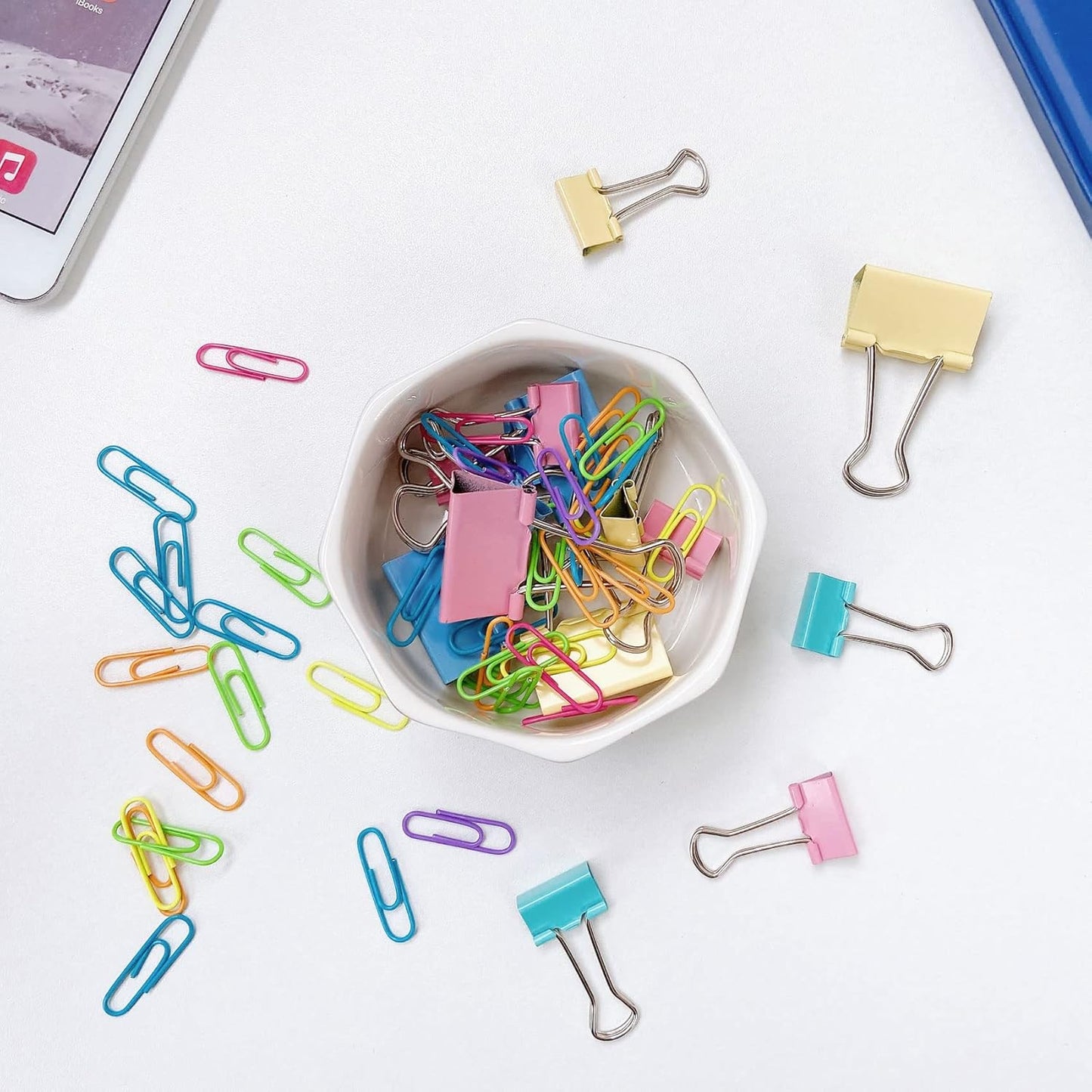 Ceramic Paper Clip Holder Gold Line Paper Clip Dispenser Organizer for Desk Cute Terrazzo Marble Pattern Office Binder Clip Holder Bobby Pin and Hair Clip Holder Gift for Office Blue