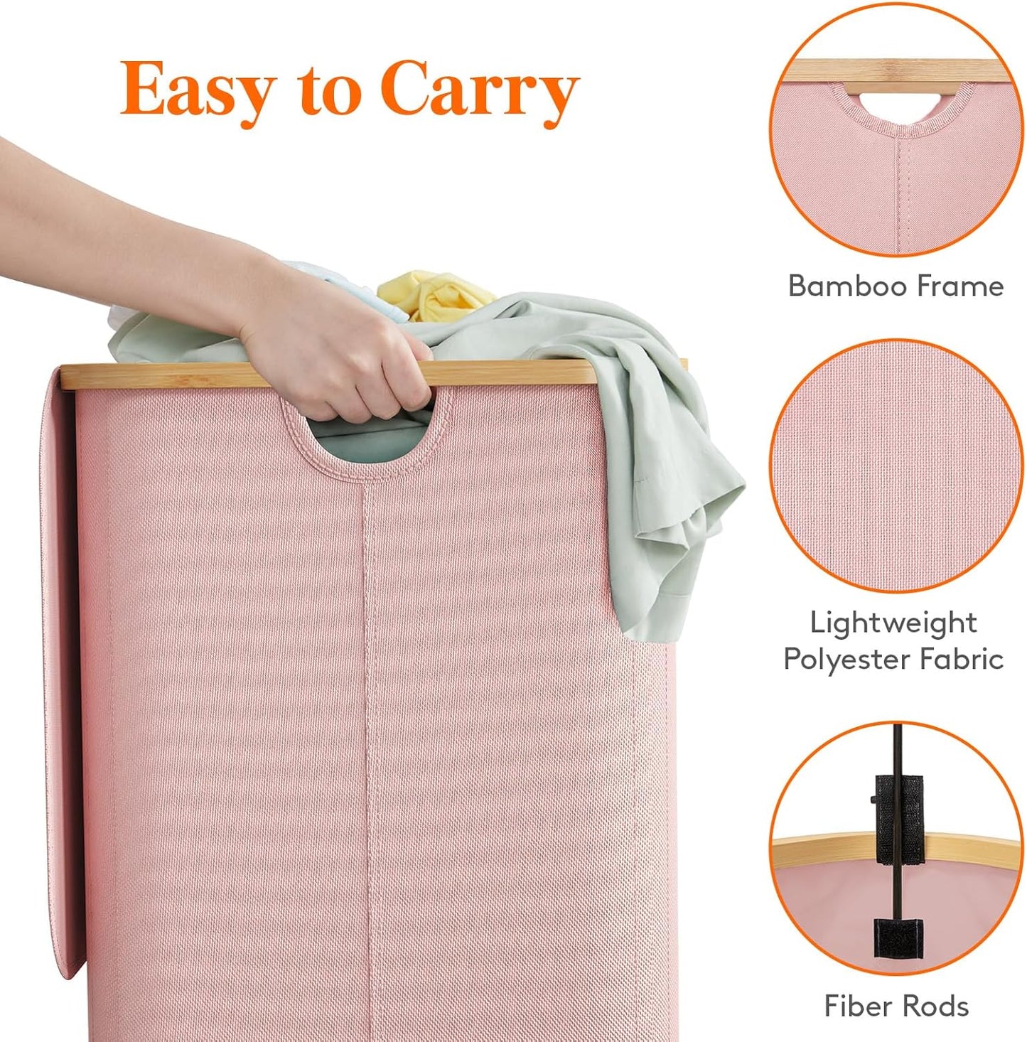 Lifewit 150L Laundry Basket with Lid, Clothes Hampers for Laundry with Bamboo Handles and 2 Removable Bags, Large Foldable Laundry Hamper for Bedroom, Bathroom, Dorm, Pink