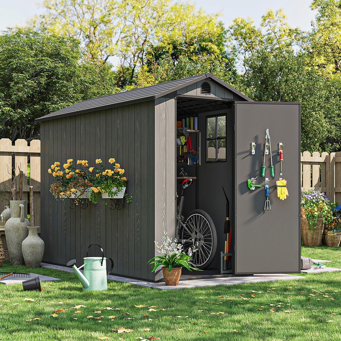 Patiowell 4x8 FT Outdoor Storage Shed with Floor & Windows, Lockable Resin Tool Shed for Garden, Backyard, Patio, and Lawn Equipment - Easy Assembly, All-Weather Protection, Gray (Fit-it Shed)