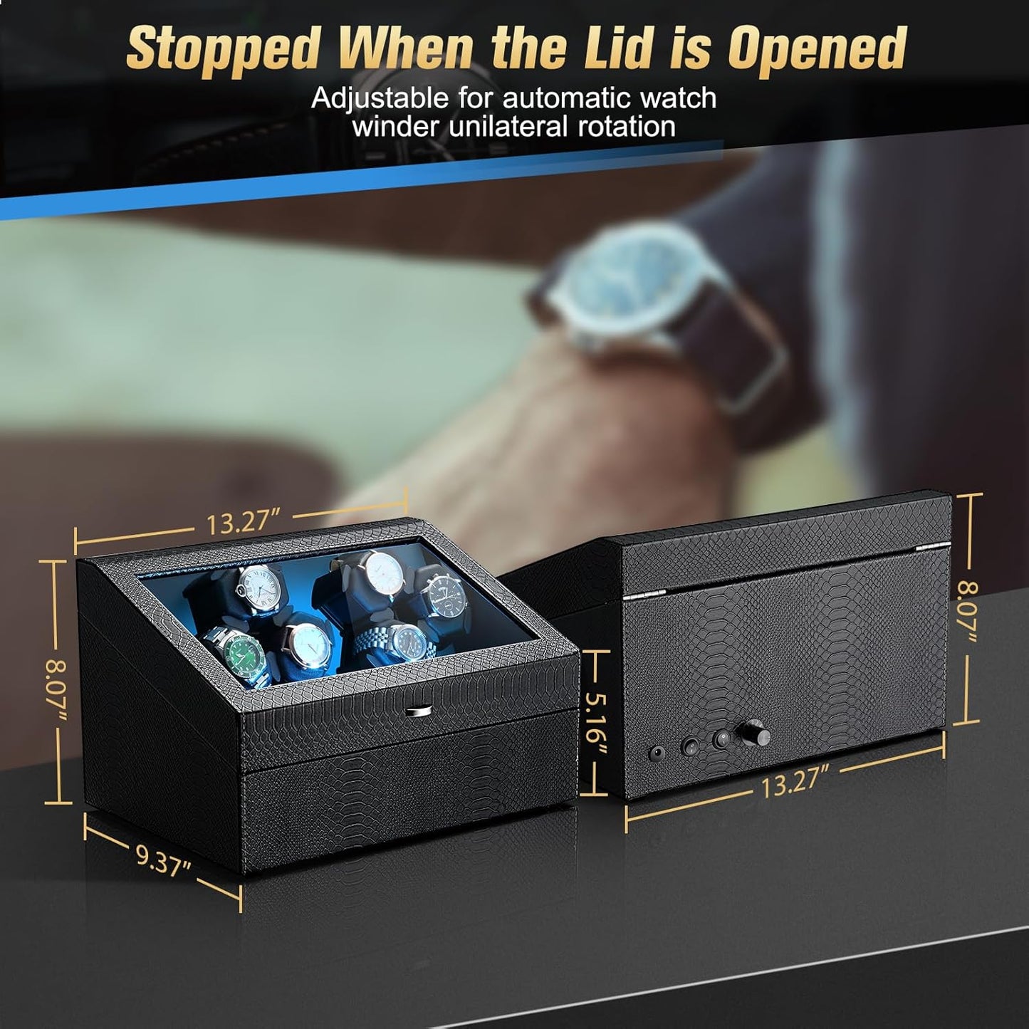 Watch Winder for Automatic Watches,Ultra Quiet Motor,4 Automatic Watches and 6 Extra Watch Storage Spaces, PU Leather Crocodile Styling