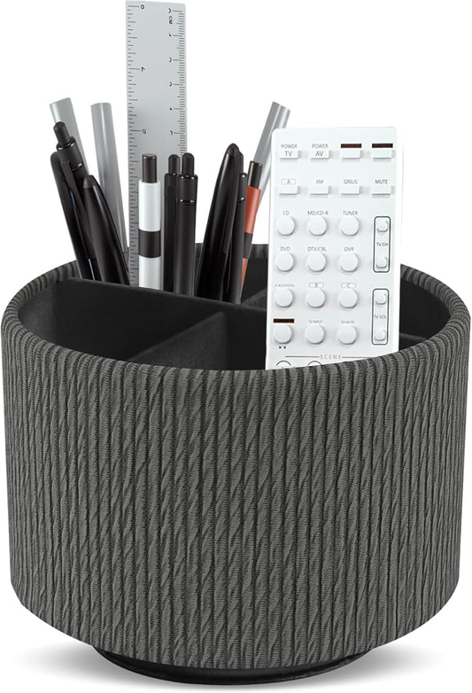 Round Leather Art Supply Organizer,Remote Control Holder,360 Degree Spinning,Multi-Functional Pencil Holder,4 Compartments Desktop Stationary Organizer(1-Wood Black)