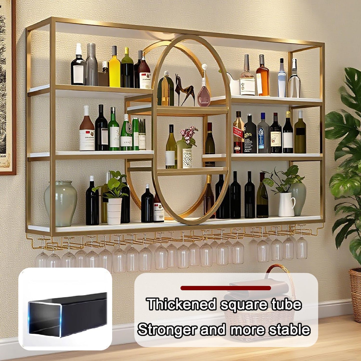 55.1IN Large Wall Mount Wine Rack, Metal 4 Tier Hanging Bottle Holder with Wine Glass Storage Racks, Modern Floating Wine Shelves for Home Bar Dining Room Decoration (Gold)
