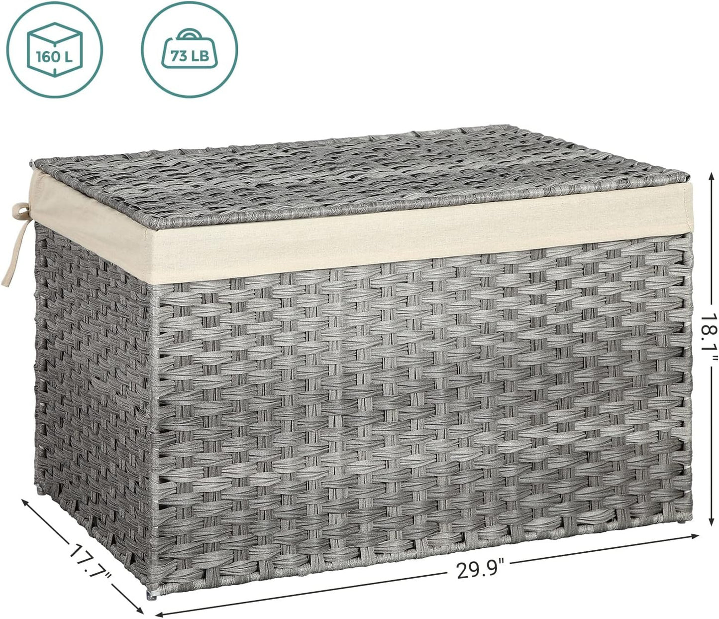 SONGMICS Storage Basket with Lid, Woven Blanket Storage Bin with Handles, Foldable, Removable Liner, Metal Frame, for Bedroom, Laundry Room, 42.3 Gallons (160 L), Gray URST76WG