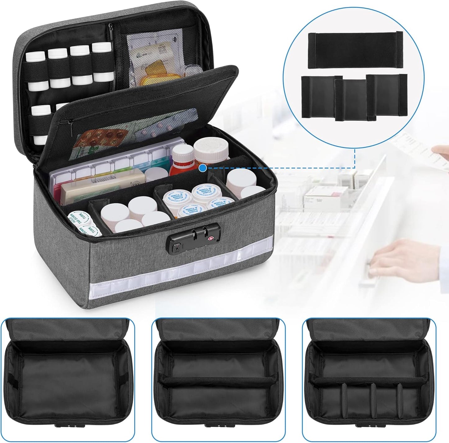 Damero Locking Pill Bottle Organizer with Inner Dividers, Medicine Storage and Organizer Bag Combination Lock for Medicine, Vitamins and Medical Supplies, Gray