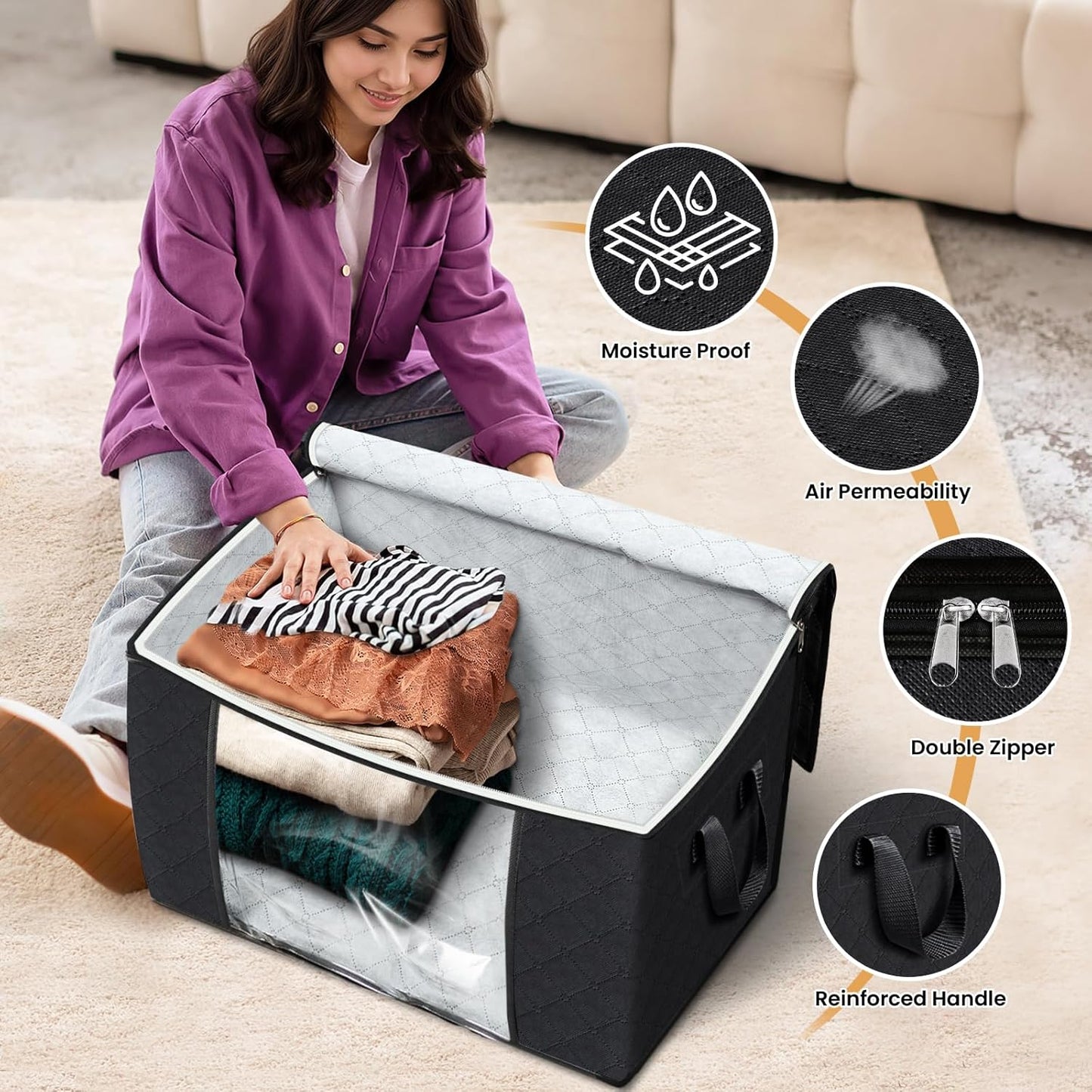 Fab totes 24 Gallons Clothes Storage, Foldable Thick Fabric Blanket Storage Bags, Containers for Organizing Bedroom, Closet, Clothing, Comforter, Organization with Handle (8 Pack,Black)