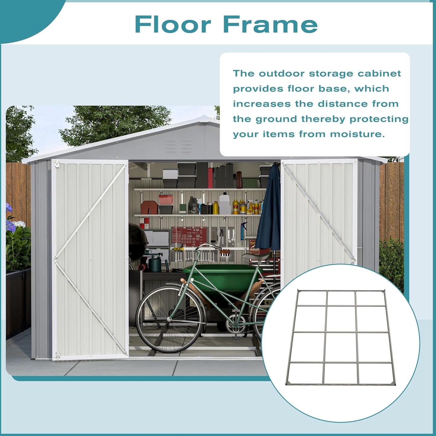 10x12 FT Outdoor Storage Shed with Floor Frame, Heavy Duty Metal Garden Tool Shed with Double Lockable Doors, Waterproof Backyard Utility Shed for Bikes, Lawn Mowers, Tools, Equipment
